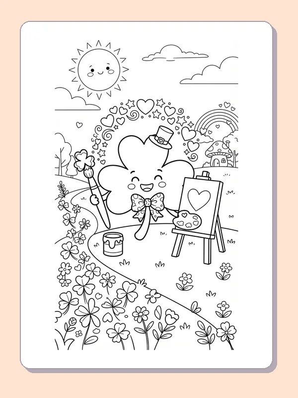 Black and white printable shamrock coloring page of a Smiling clover character painting at an easel in a flower garden
