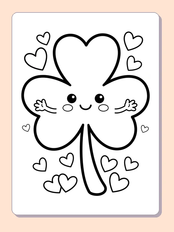 Black and white printable shamrock coloring page of a Large smiling three-leaf shamrock surrounded by little hearts