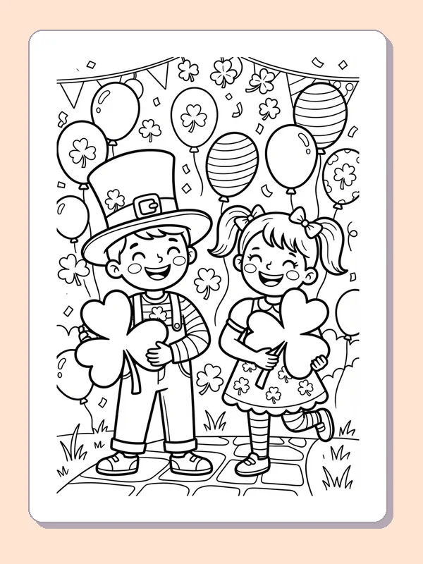 Black and white printable shamrock coloring page of a Two children holding clovers beneath bunting and balloons