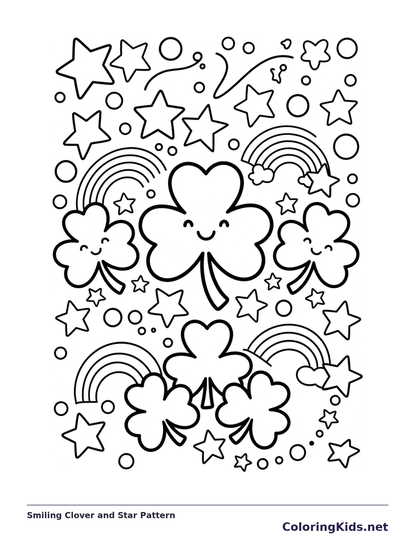Black and white printable shamrock coloring page of a Pattern of smiling clovers, stars, circles and small rainbows