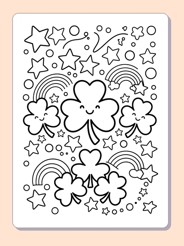 Black and white printable shamrock coloring page of a Pattern of smiling clovers, stars, circles and small rainbows