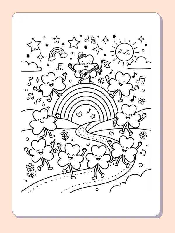 Black and white printable shamrock coloring page of a Small clover characters moving beside a rainbow path and hills