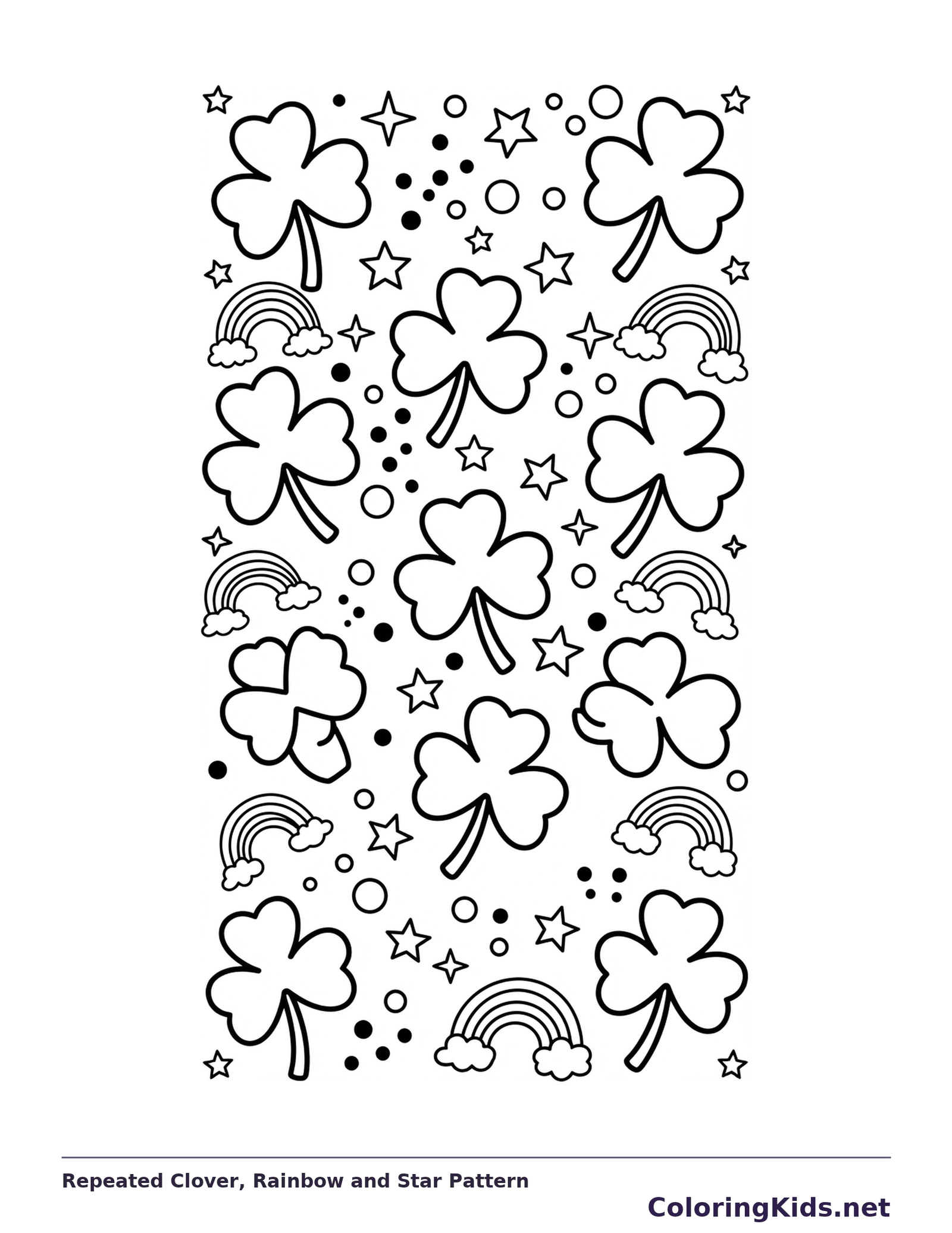 Black and white printable shamrock coloring page of a Full-page repeated clover rainbow star and circle pattern