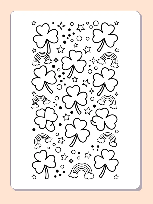 Black and white printable shamrock coloring page of a Full-page repeated clover rainbow star and circle pattern