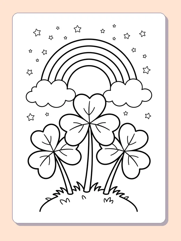Black and white printable shamrock coloring page of a Three broad clover plants below a rainbow and small stars