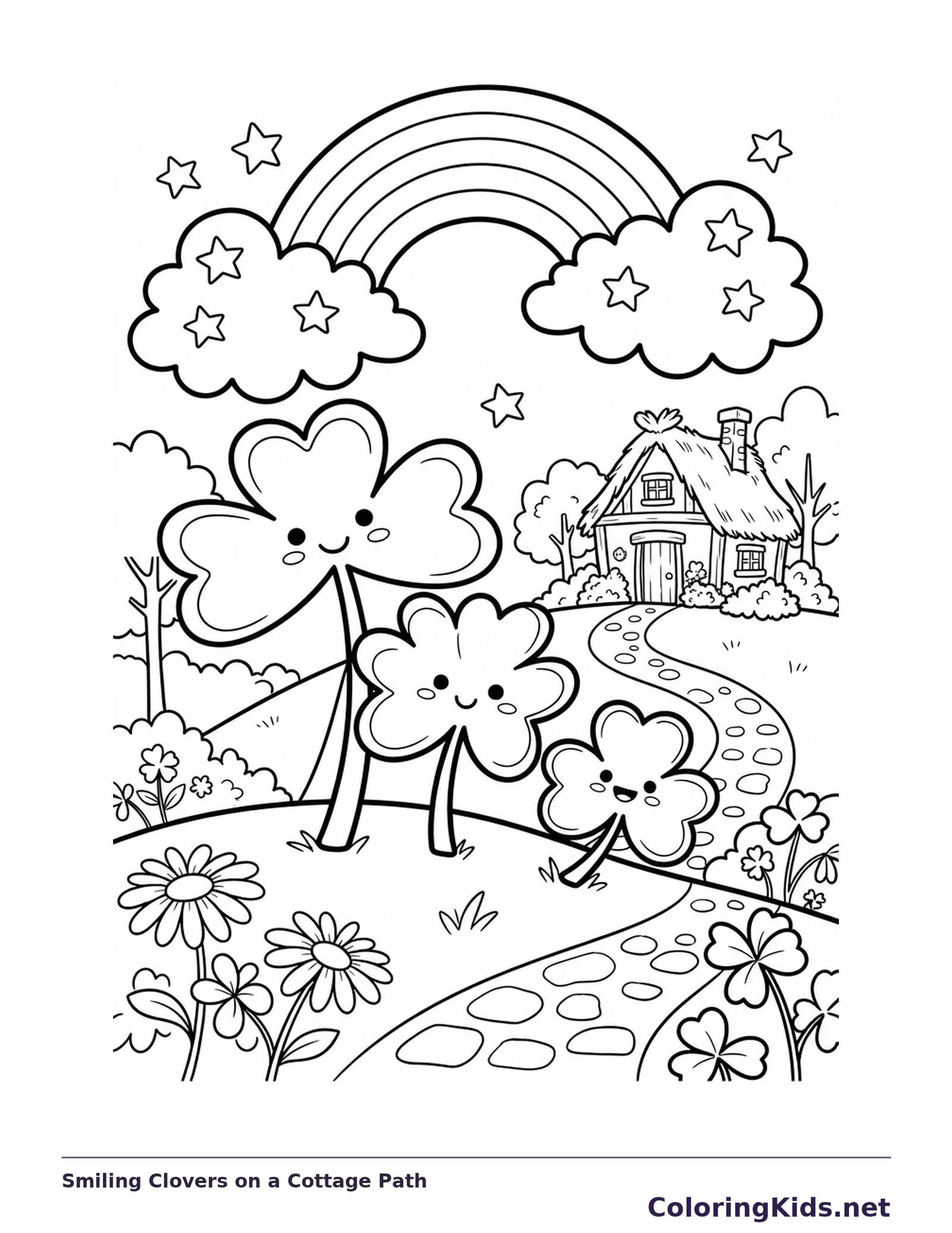 Black and white printable shamrock coloring page of a Smiling clover characters by a stone path cottage and rainbow