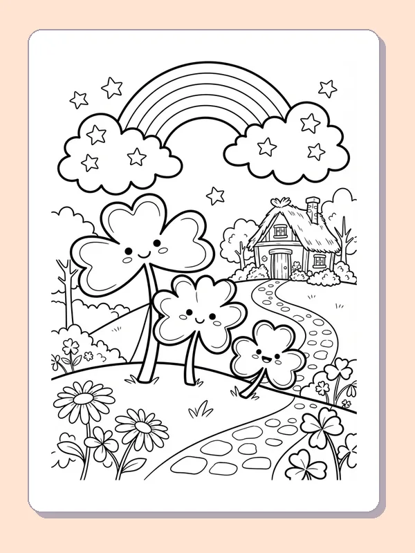 Black and white printable shamrock coloring page of a Smiling clover characters by a stone path cottage and rainbow