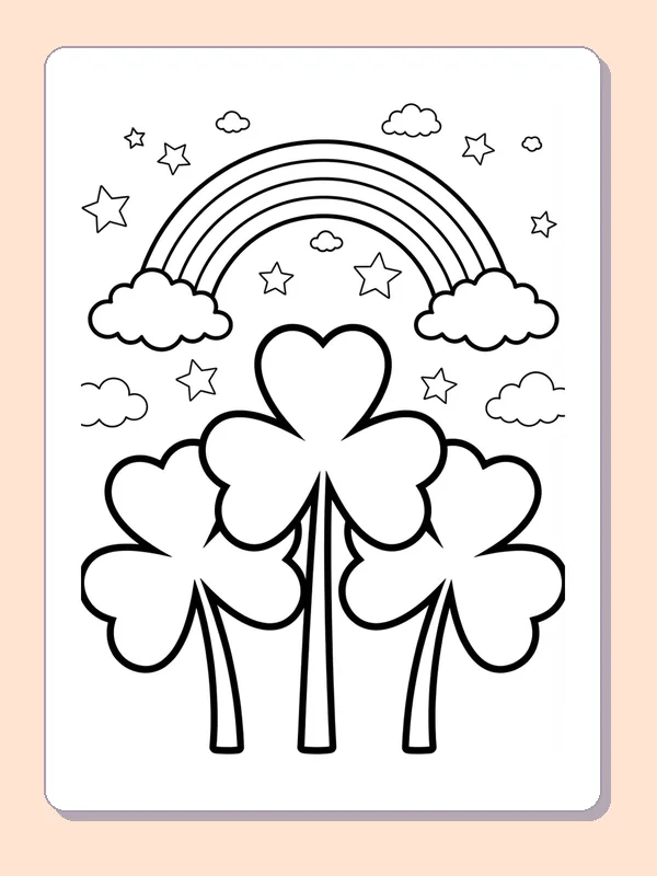 Black and white printable shamrock coloring page of a Three overlapping clover plants below a rainbow with clouds and stars