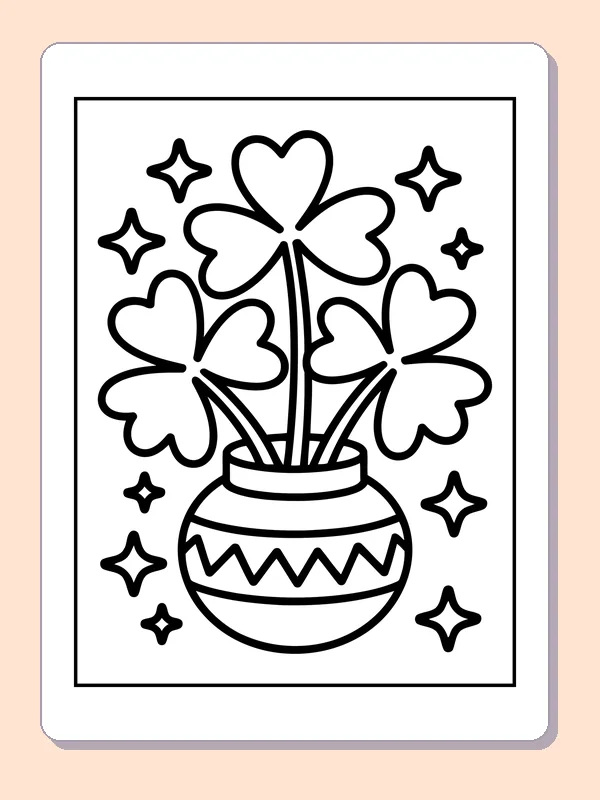 Printable clover coloring page with three clover stems in a patterned pot and surrounding sparkles