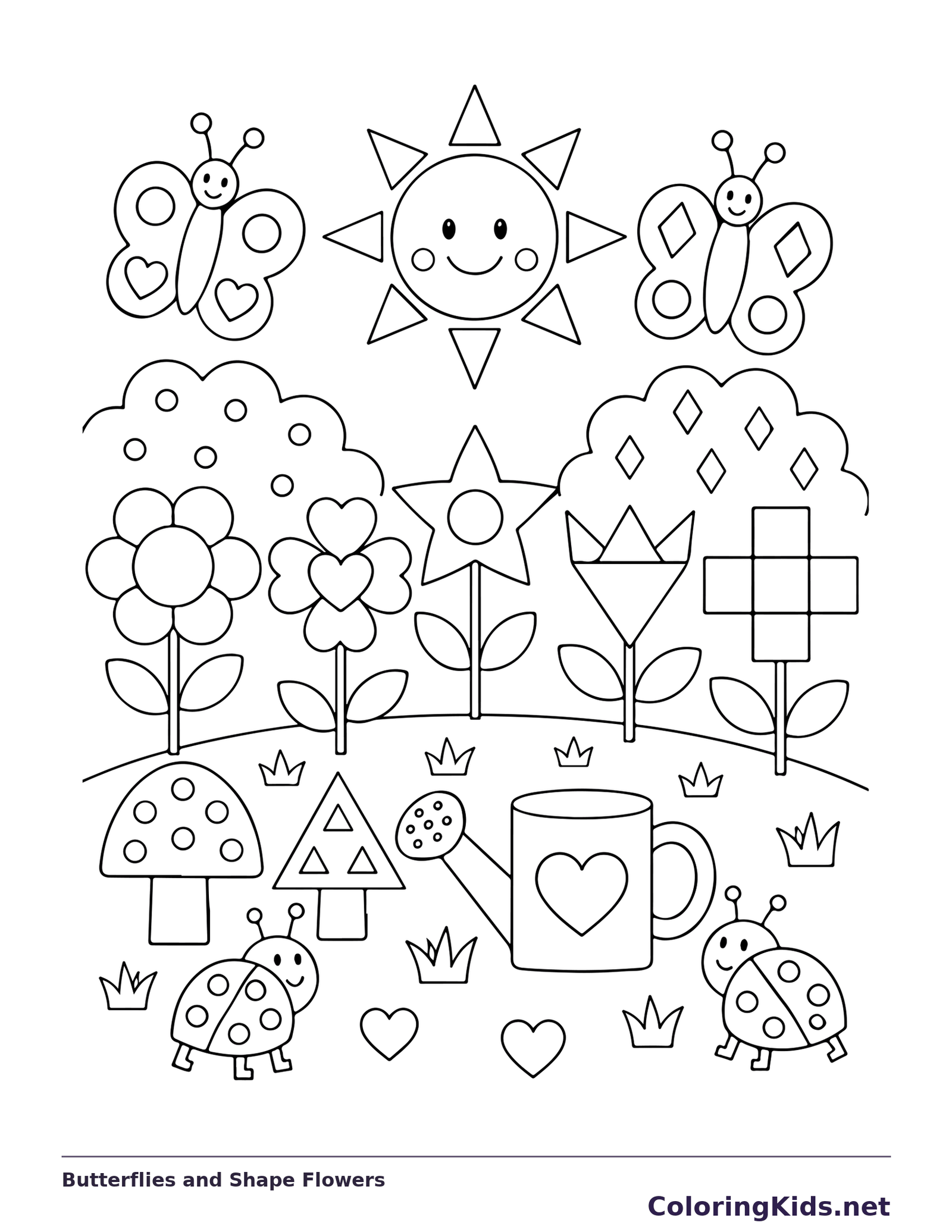 Black and white printable butterflies and shape flowers coloring sheet