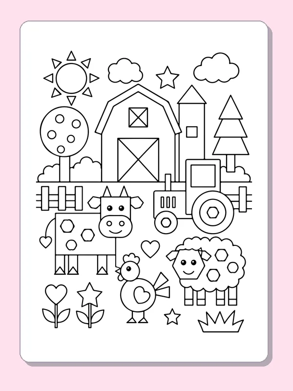 Black and white printable farm built from shapes coloring sheet