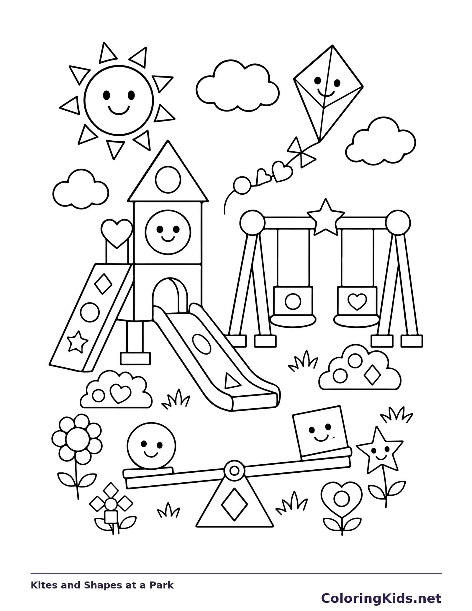 Black and white printable kites and shapes at a park coloring sheet