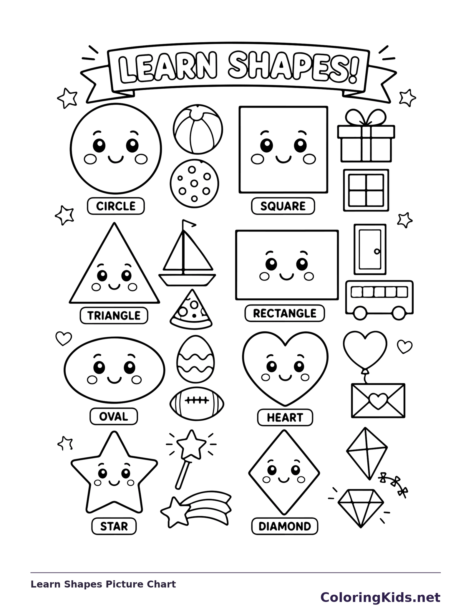 Black and white printable learn shapes picture chart coloring sheet