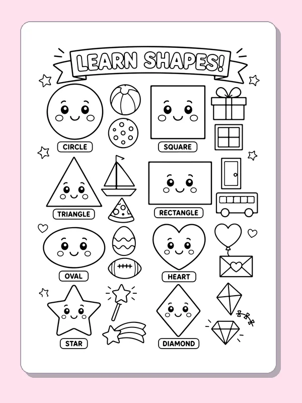 Black and white printable learn shapes picture chart coloring sheet