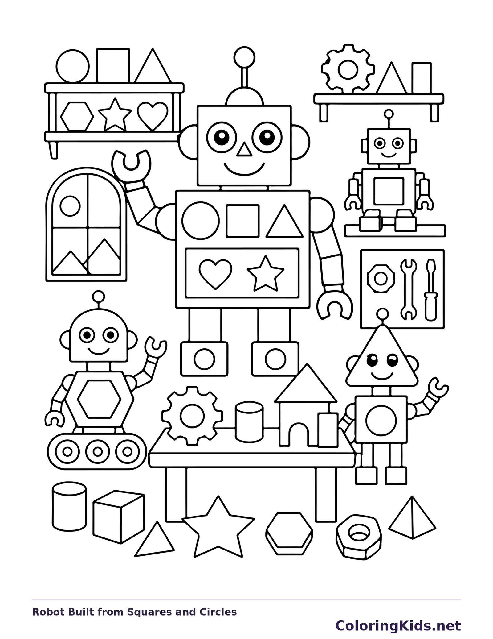 Black and white printable robot built from squares and circles coloring sheet