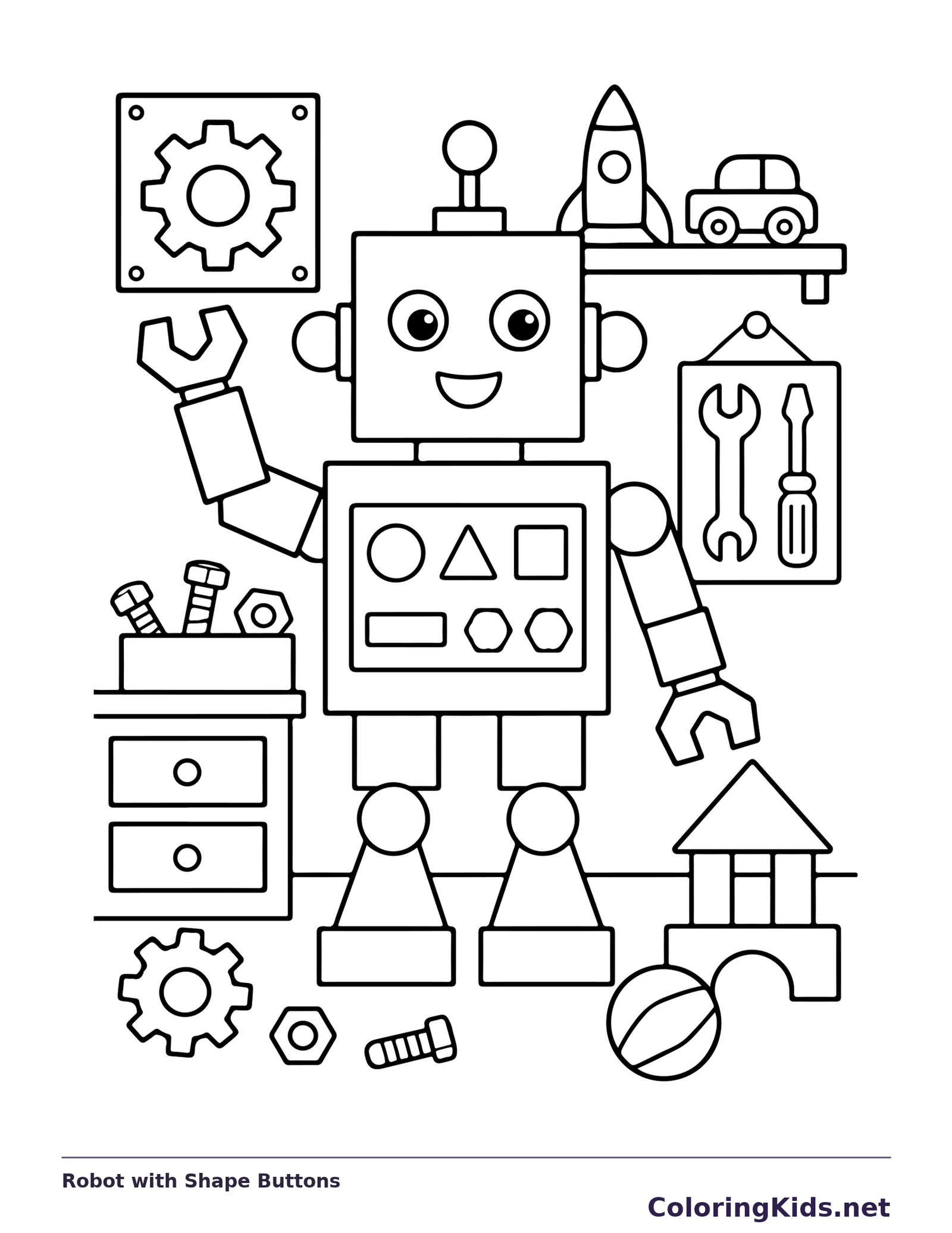 Black and white printable robot with shape buttons coloring sheet