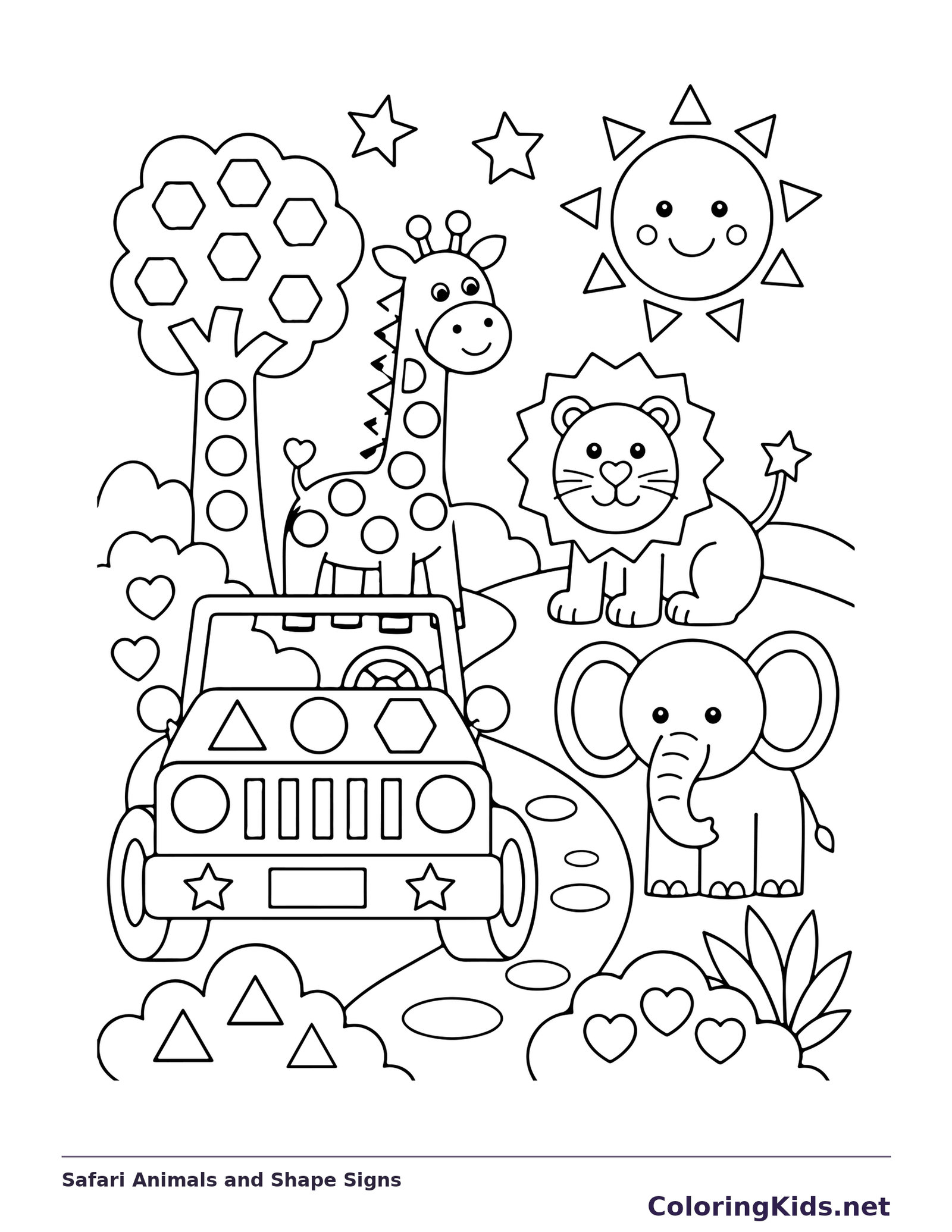 Black and white printable safari animals and shape signs coloring sheet