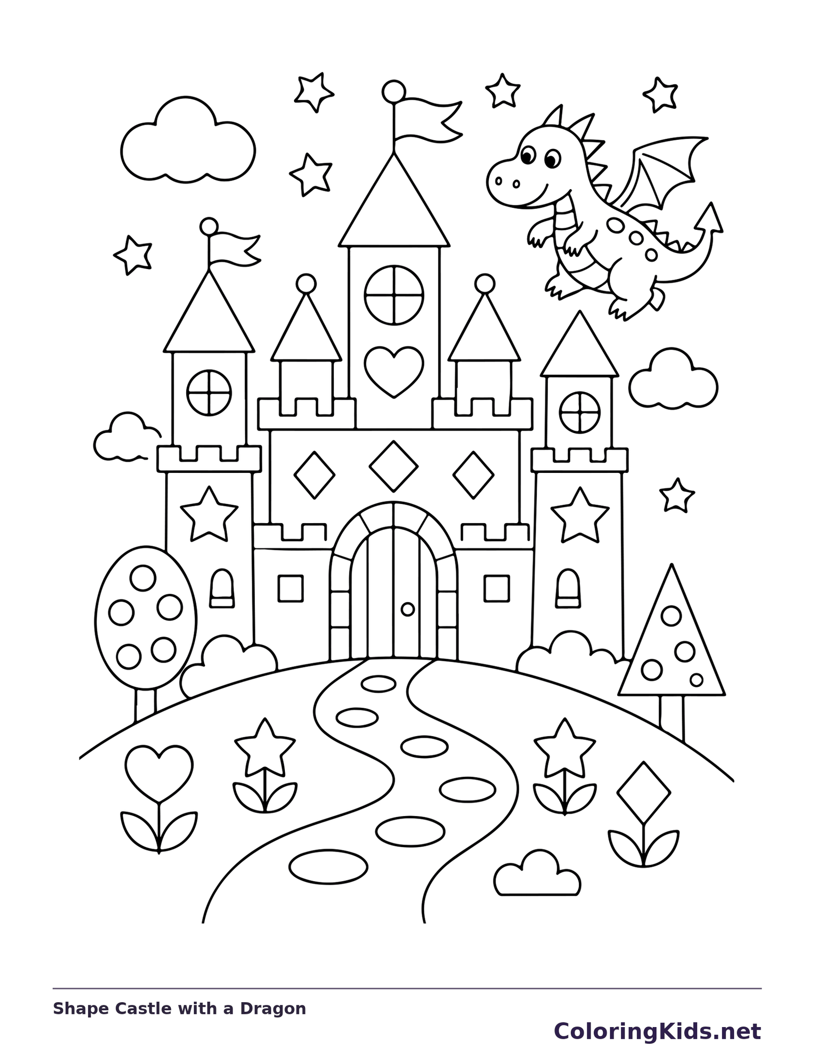 Black and white printable shape castle with a dragon coloring sheet