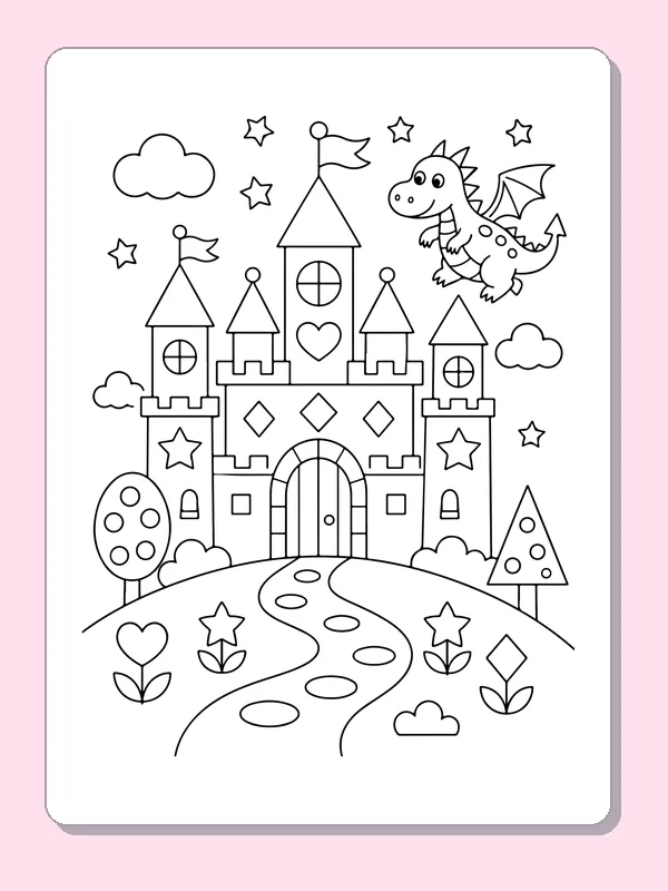 Black and white printable shape castle with a dragon coloring sheet