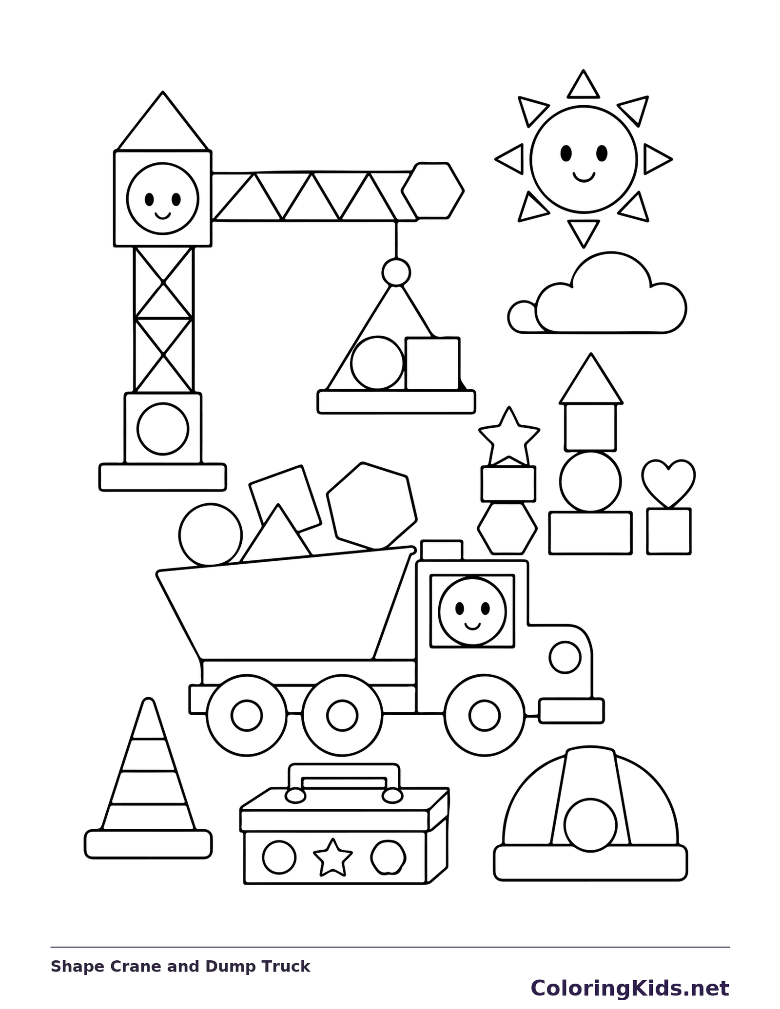 Black and white printable shape crane and dump truck coloring sheet