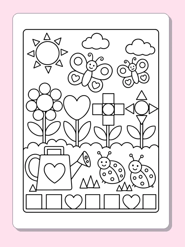 Black and white printable shape flowers and ladybugs coloring sheet