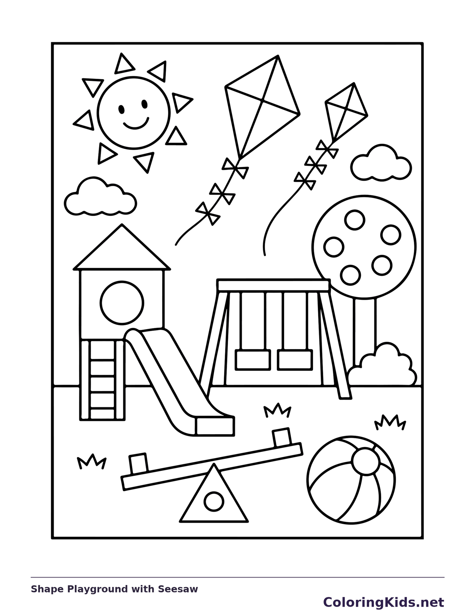 Black and white printable shape playground with seesaw coloring sheet