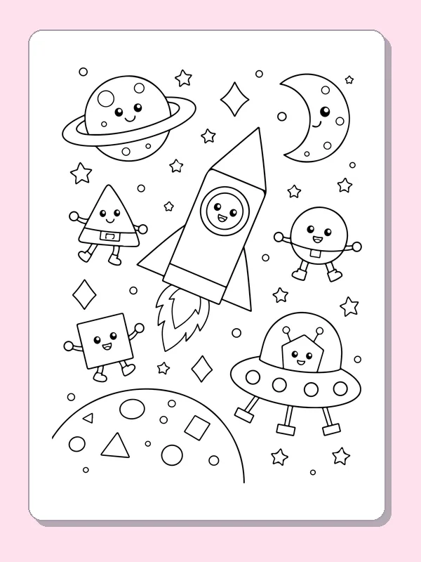 Black and white printable shape rocket among planets coloring sheet