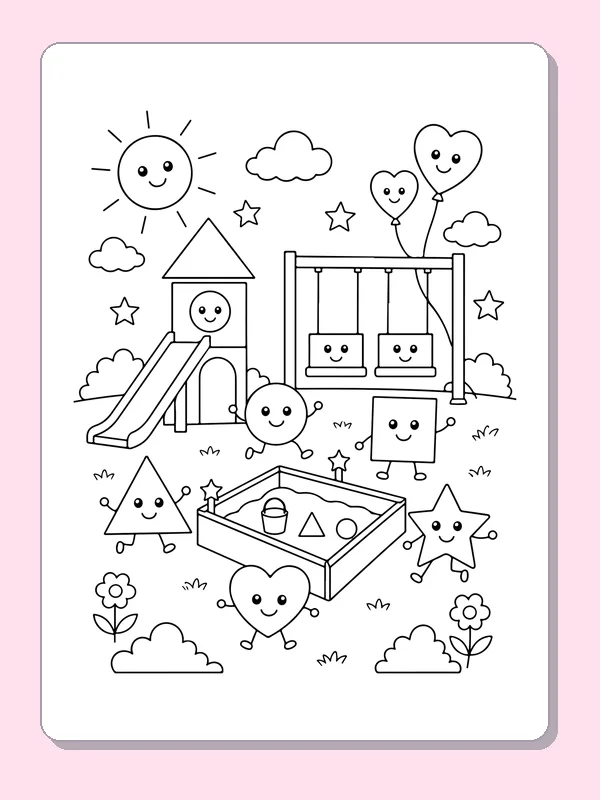 Black and white printable shapes at a playground coloring sheet