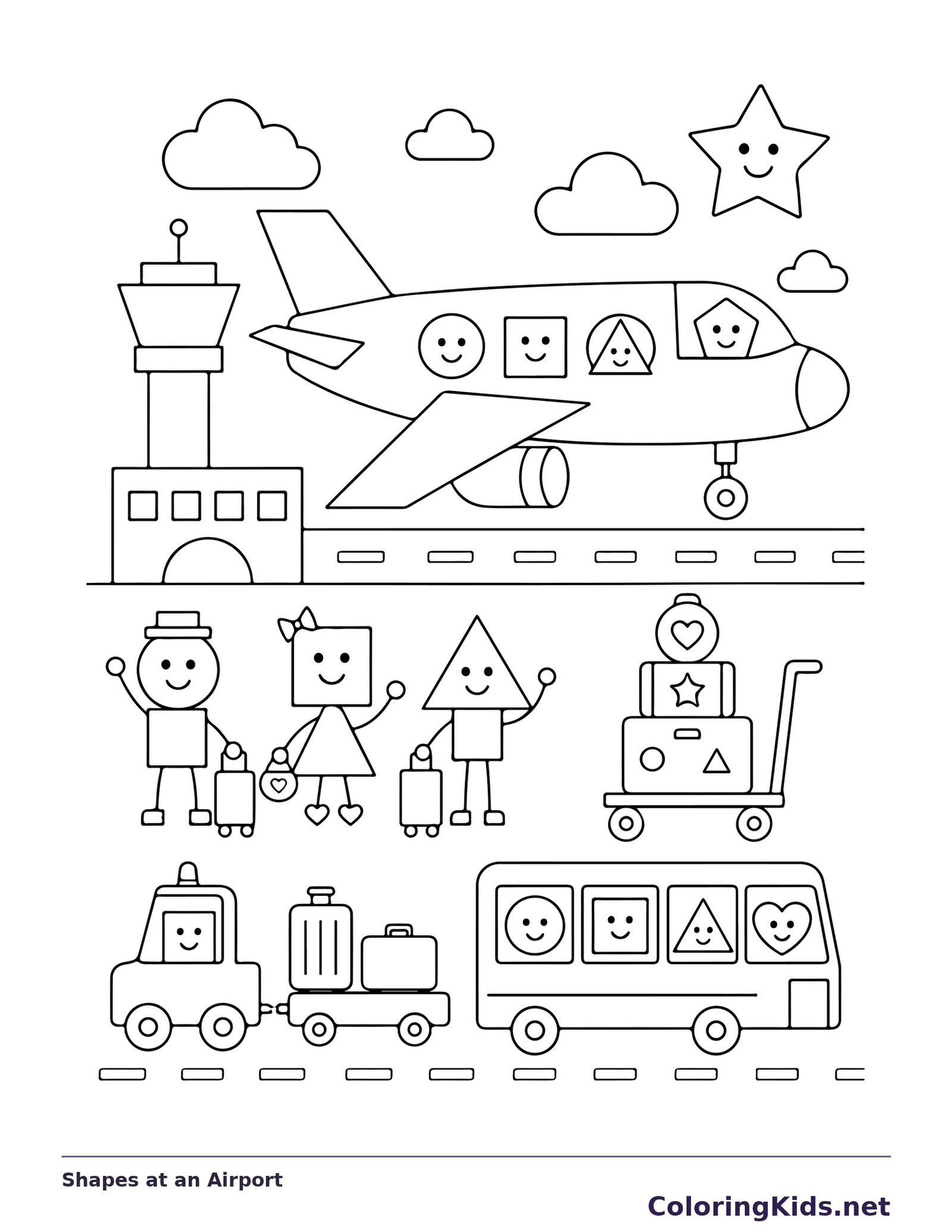 Black and white printable shapes at an airport coloring sheet