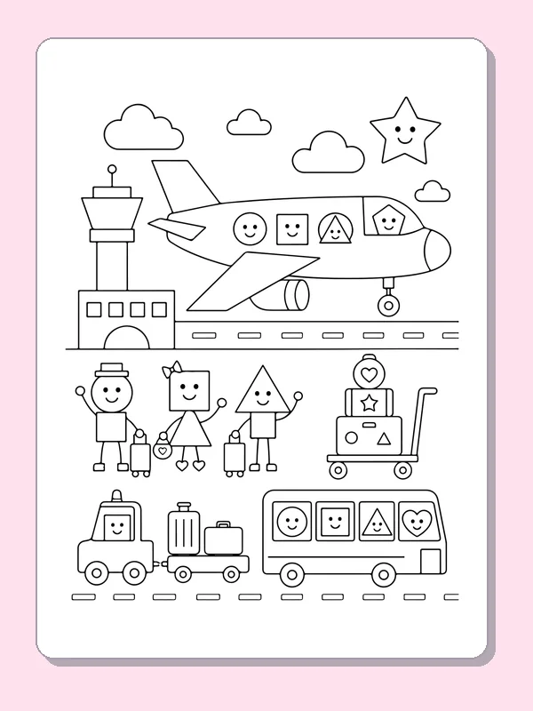 Black and white printable shapes at an airport coloring sheet