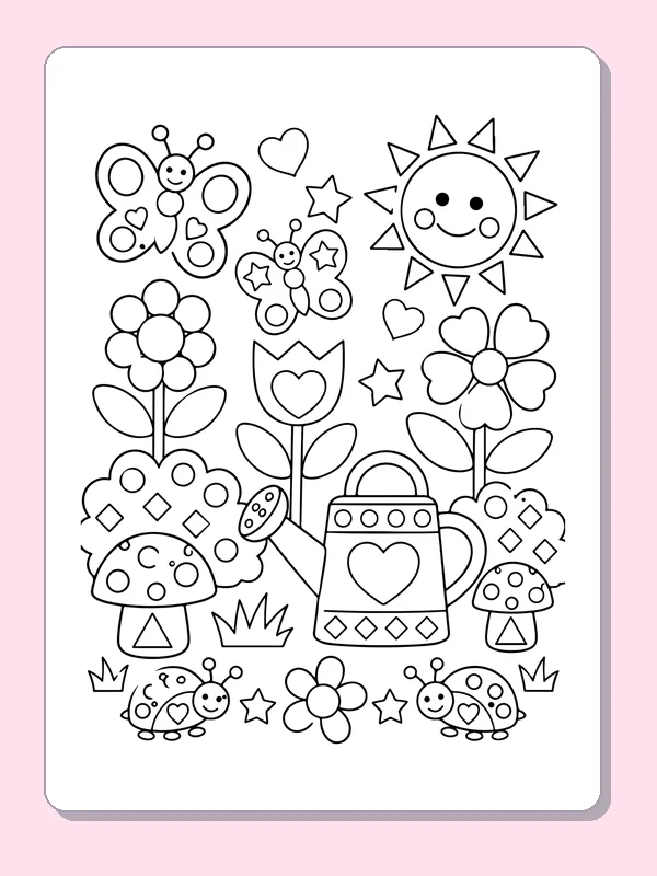 Black and white printable shapes in a flower garden coloring sheet