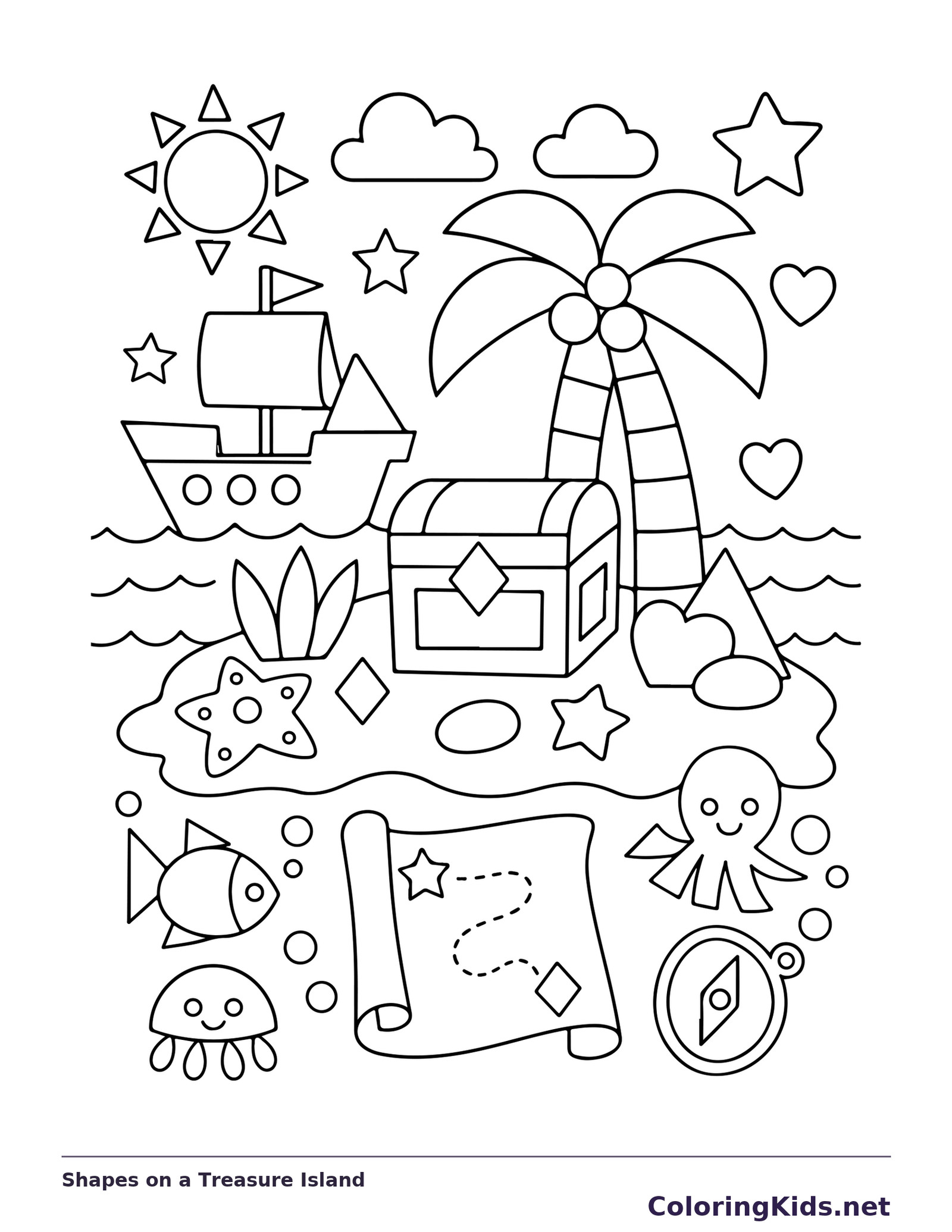 Black and white printable shapes on a treasure island coloring sheet