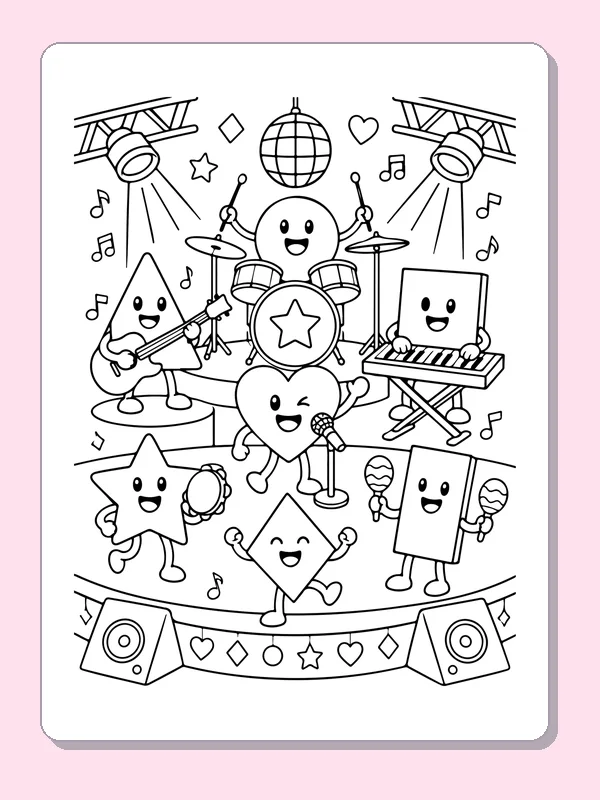 Black and white printable shapes playing music coloring sheet
