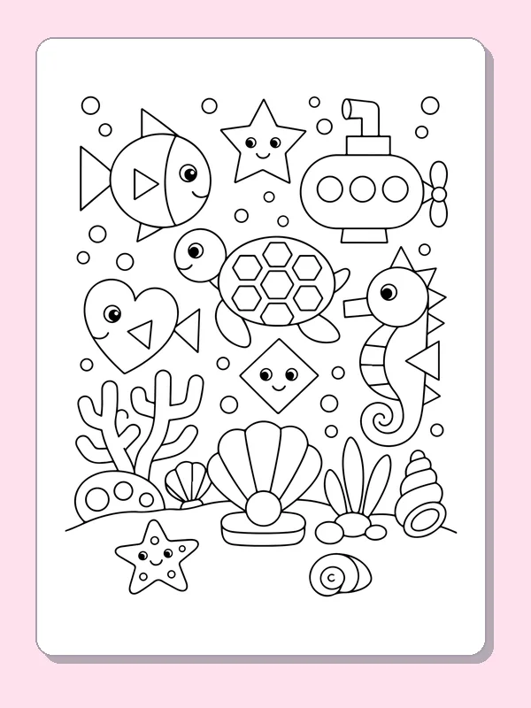 Black and white printable underwater shape creatures coloring sheet