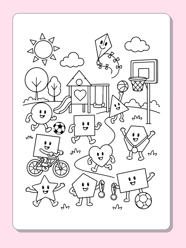 Black and white printable drawing of shape Characters at a Playground