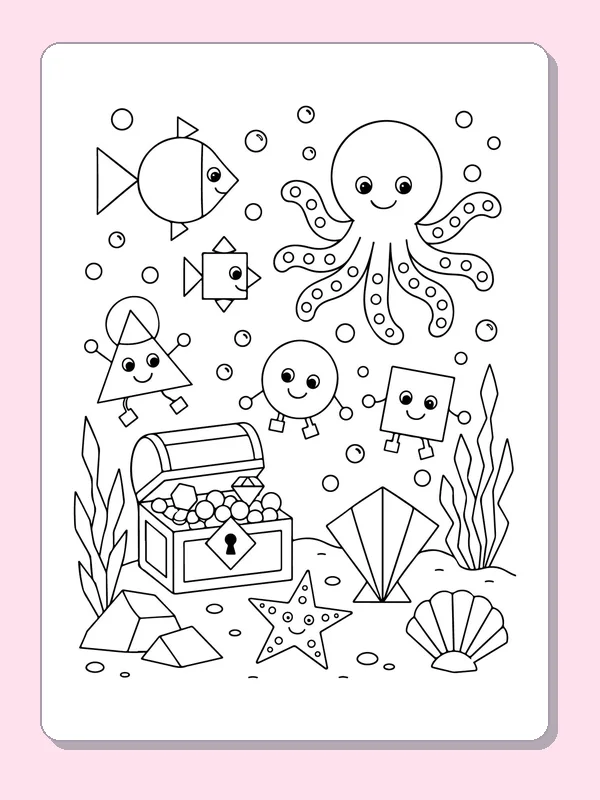 Black and white printable drawing of shape Creatures in an Ocean