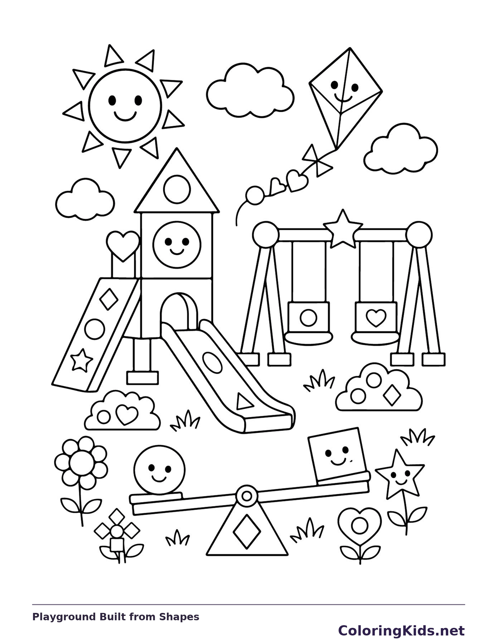 Black and white printable drawing of playground Built from Shapes