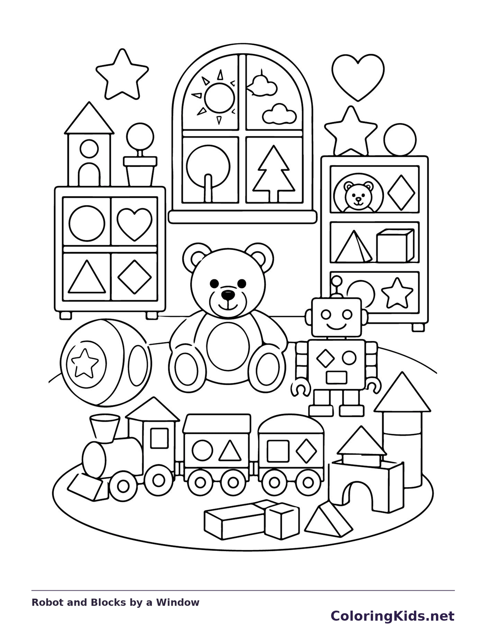 Black and white printable drawing of robot and Blocks by a Window