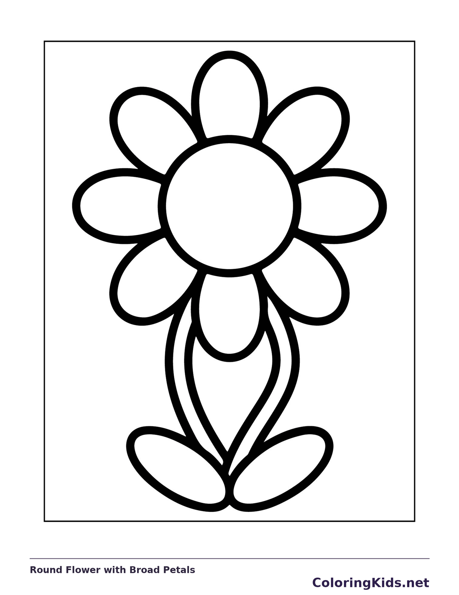 Black and white printable drawing of round Flower with Broad Petals
