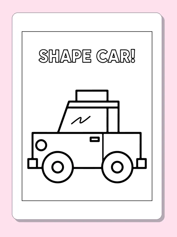 Black and white printable drawing of car Made from Rectangles and Circles