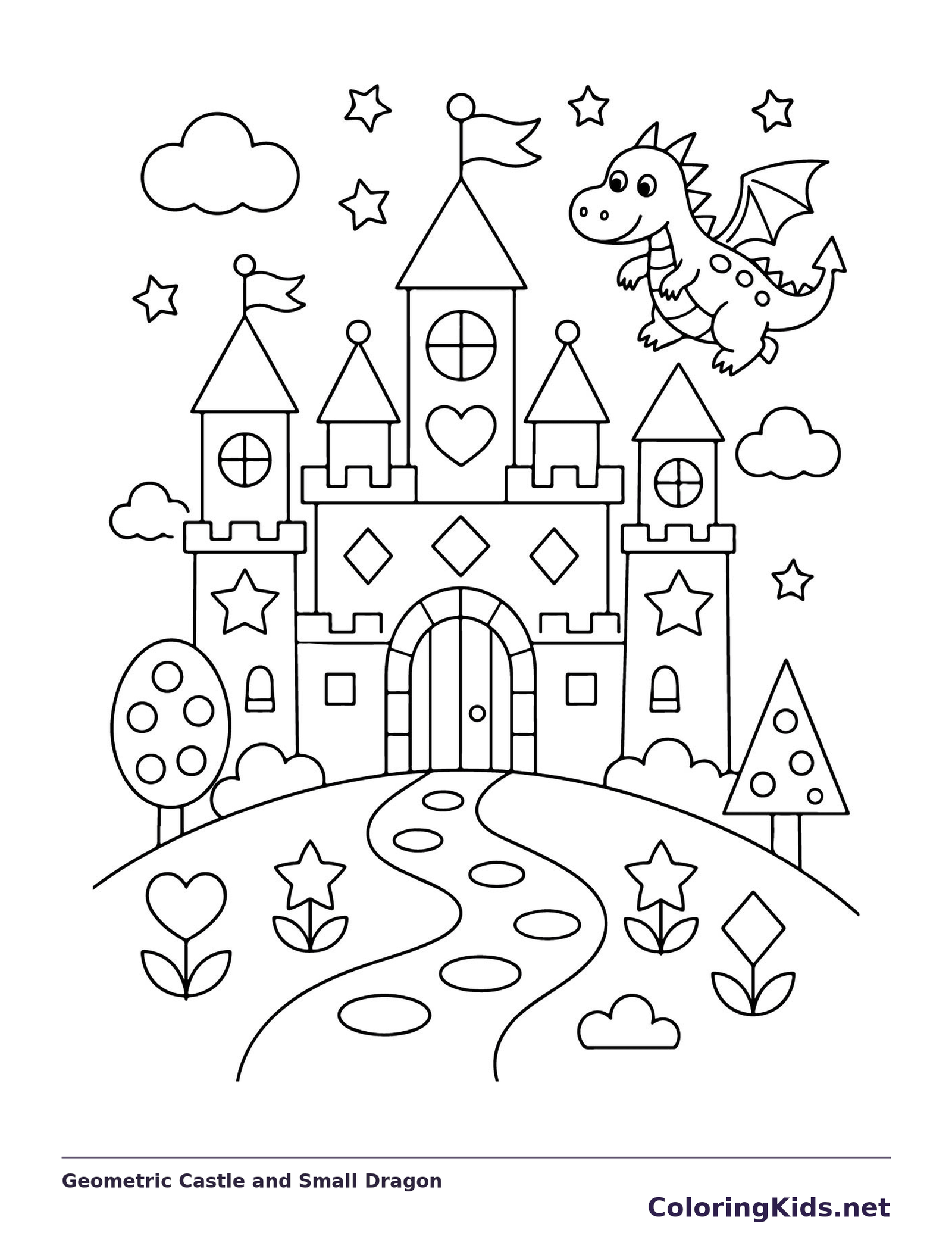 Black and white printable drawing of shape Castle with a Dragon