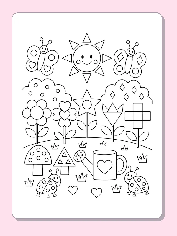 Black and white printable drawing of garden of Geometric Flowers