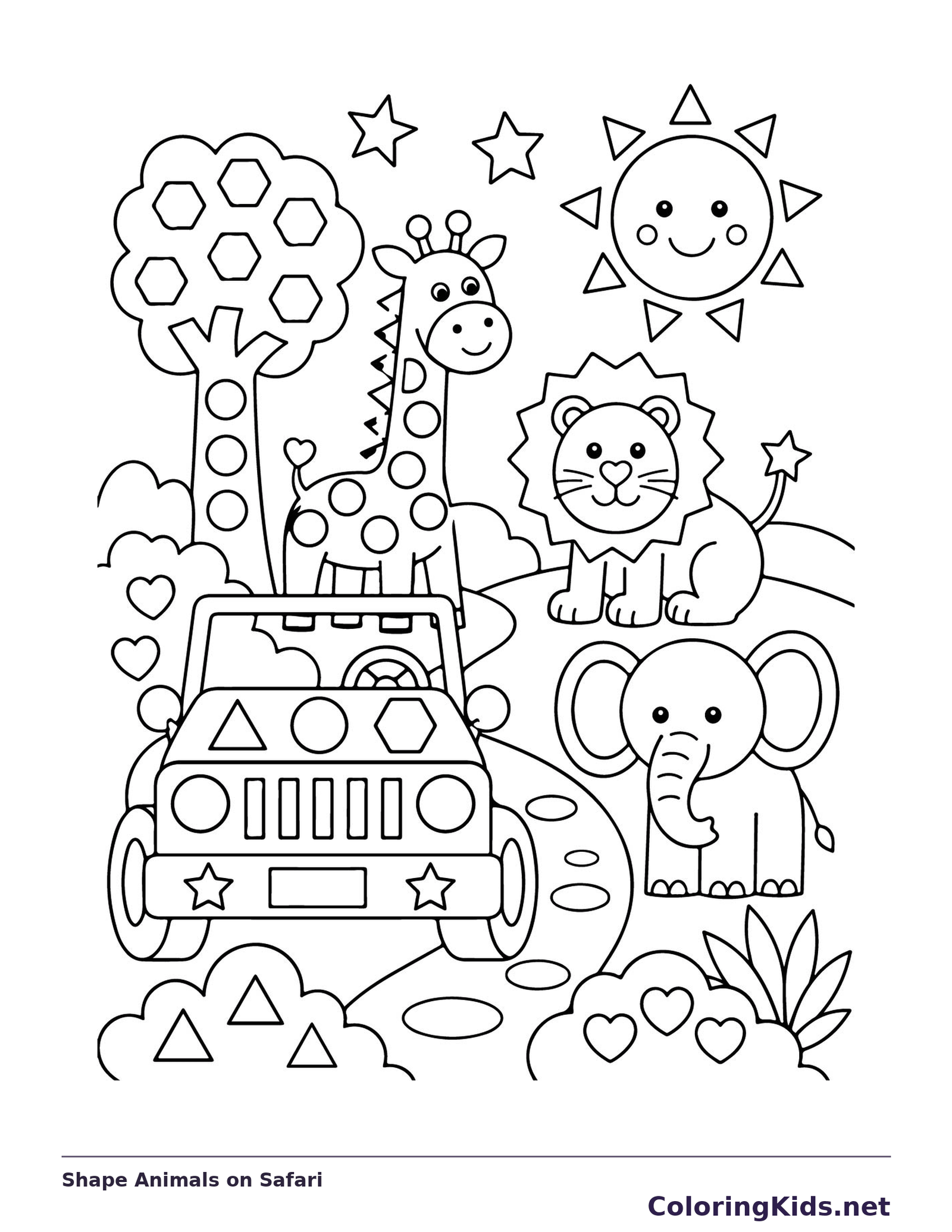 Black and white printable drawing of shape Animals on Safari