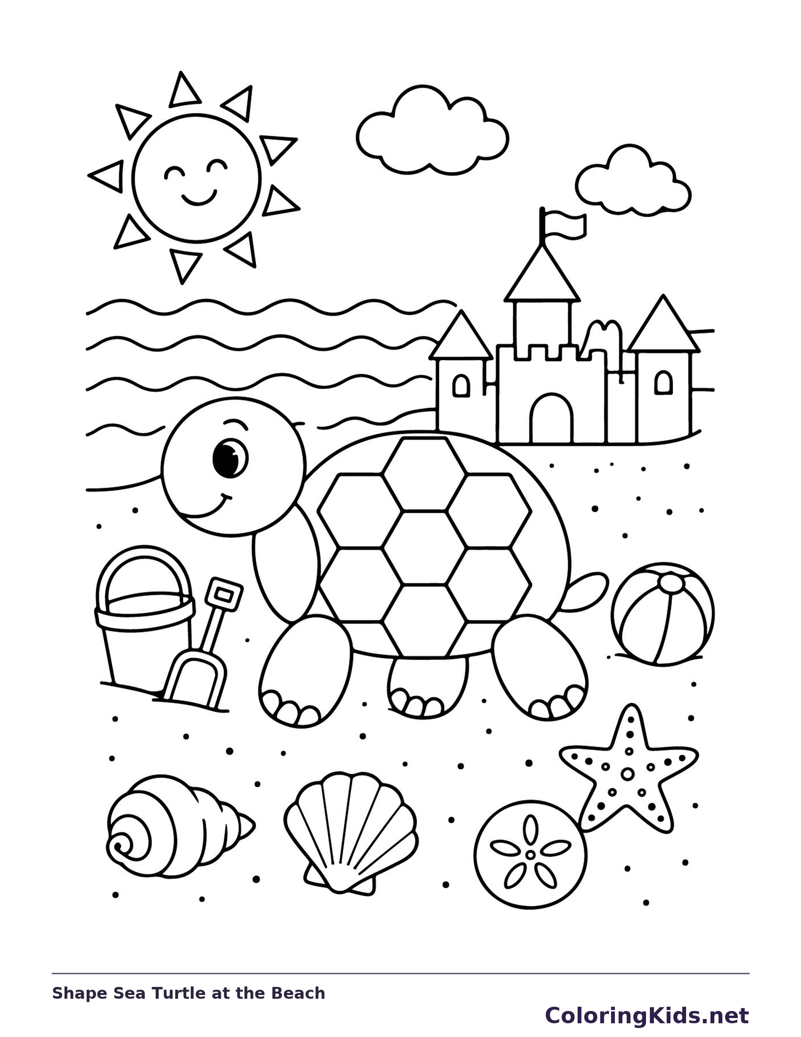 Black and white printable drawing of shape Sea Turtle at the Beach