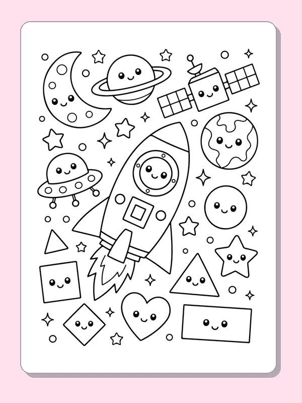 Black and white printable drawing of rocket among Smiling Space Shapes