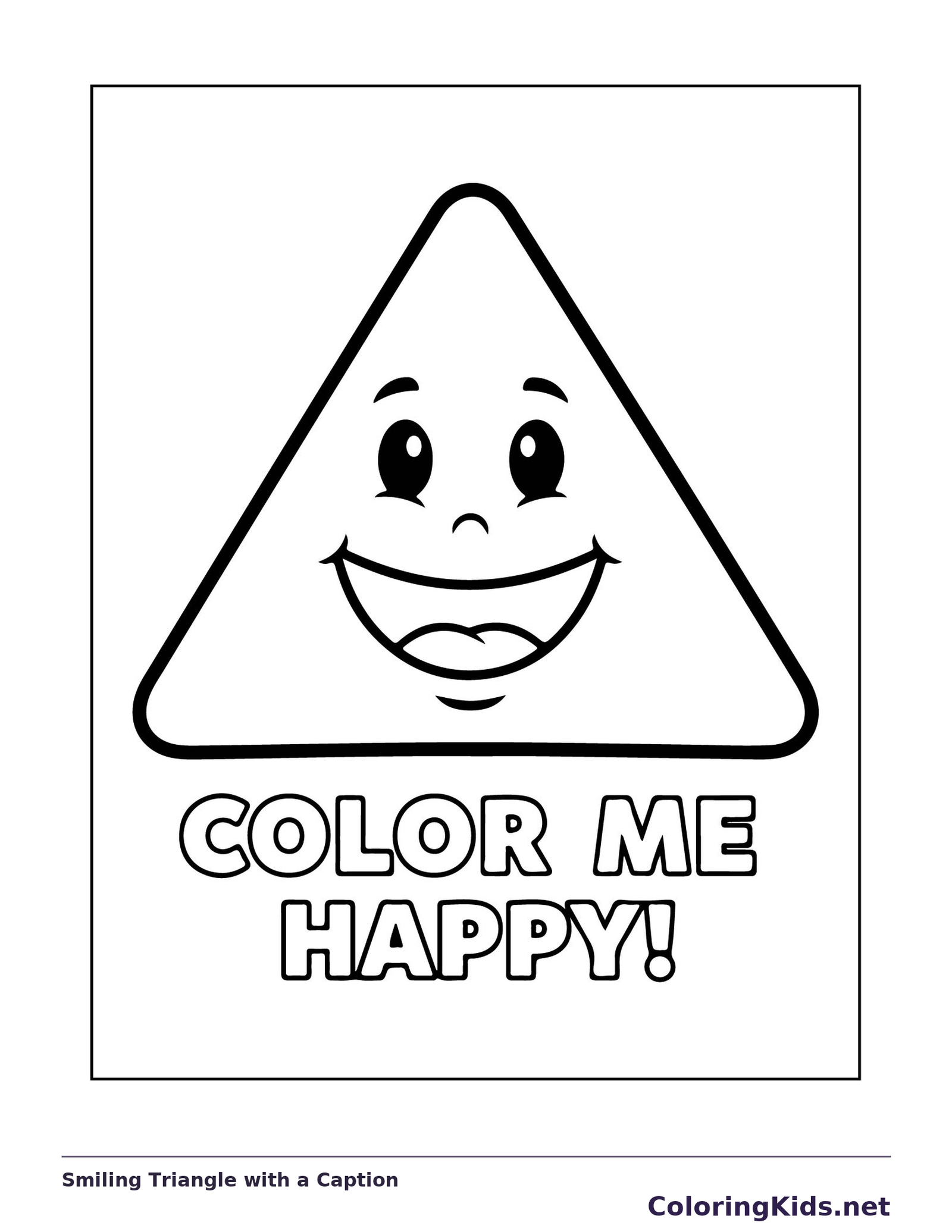 Black and white printable drawing of smiling Triangle with a Caption