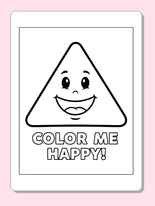 Black and white printable drawing of smiling Triangle with a Caption