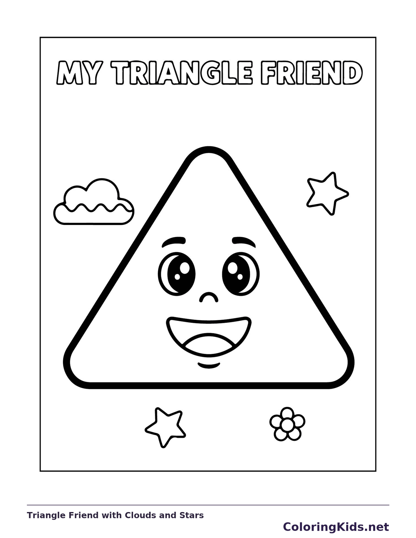 Black and white printable drawing of triangle Friend with Clouds and Stars