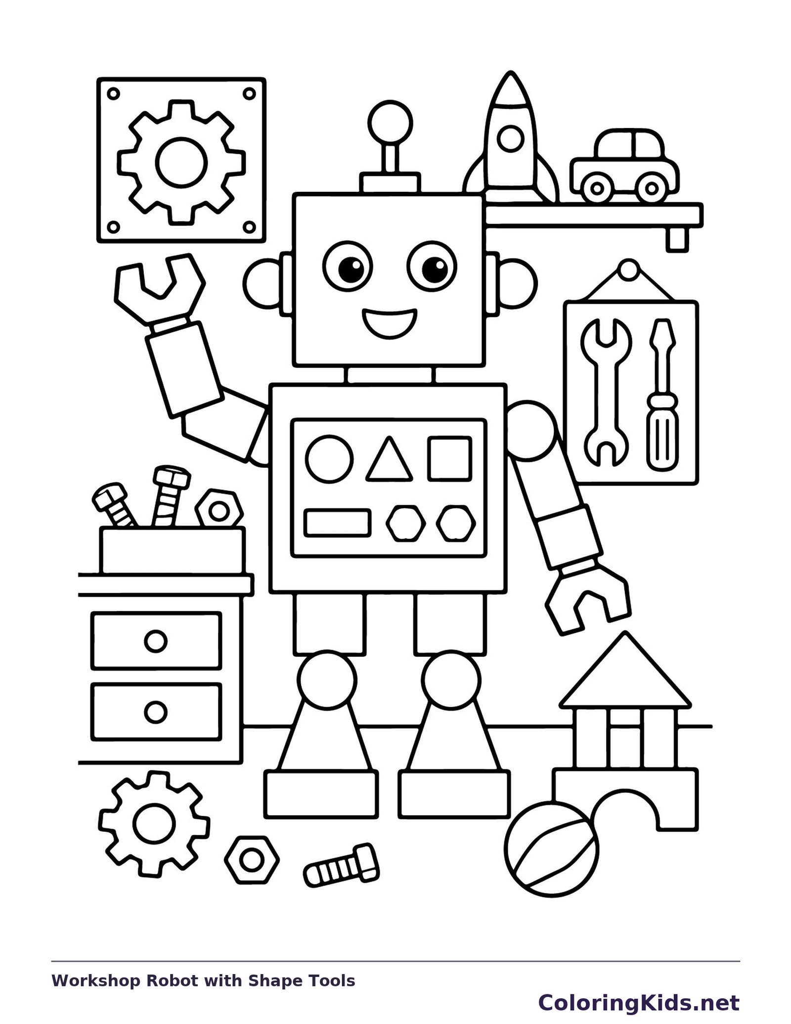 Black and white printable drawing of workshop Robot with Shape Tools