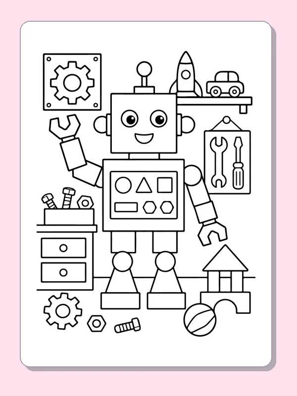 Black and white printable drawing of workshop Robot with Shape Tools